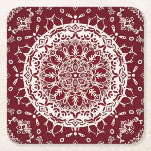 Boho Hippie Zen Inspired Red Intricate Mandala Square Paper Coaster