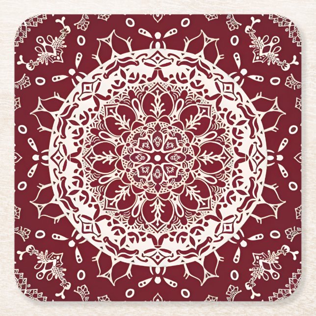 Boho Hippie Zen Inspired Red Intricate Mandala  Square Paper Coaster (Front)