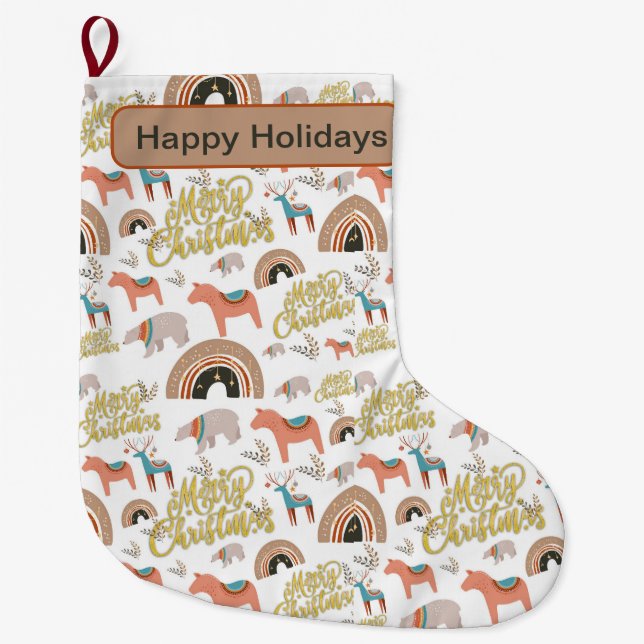 Boho Holiday Season Large Christmas Stocking (Front)