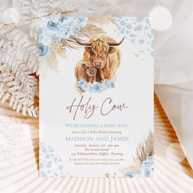 Boho Holy Cow Blue Pampas Grass Boy Baby Shower Invitation (Creator Uploaded)