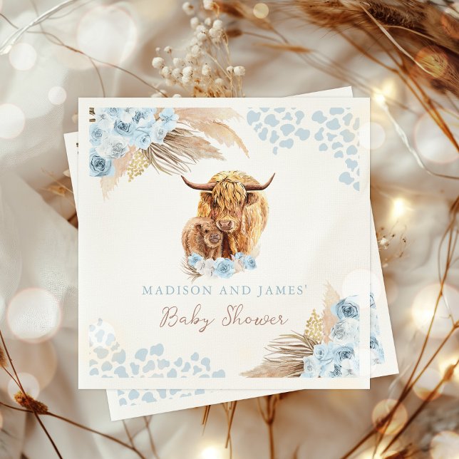 Boho Holy Cow Blue Pampas Grass Boy Baby Shower Napkin (Creator Uploaded)