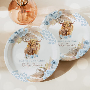 Boho Holy Cow Blue Pampas Grass Boy Baby Shower Paper Plate