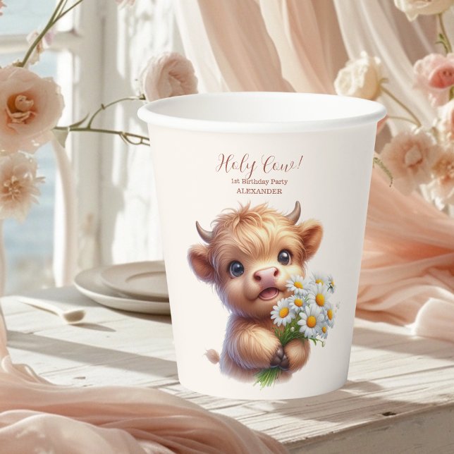 Boho Holy Cow Highland Cow 1st Birthday Paper Cups (Creator Uploaded)