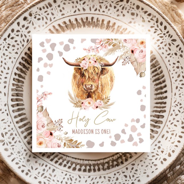 Boho Holy Cow Highland Pampas 1st First Birthday   Napkin (Creator Uploaded)