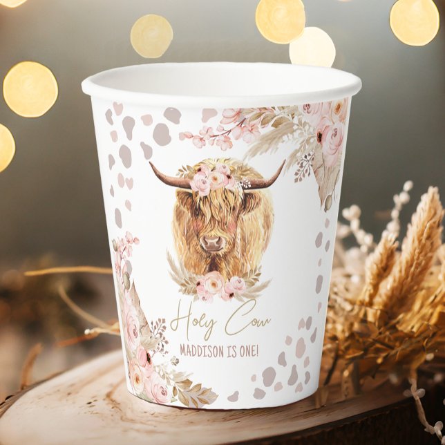 Boho Holy Cow Highland Pampas 1st First Birthday   Paper Cups (Creator Uploaded)