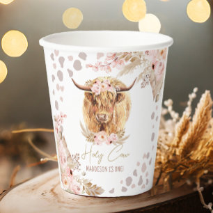 Boho Holy Cow Highland Pampas 1st First Birthday   Paper Cups