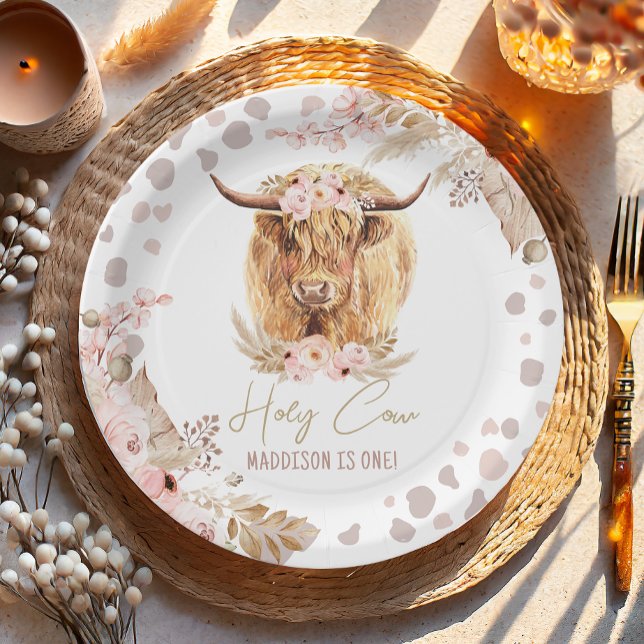 Boho Holy Cow Highland Pampas 1st First Birthday   Paper Plate (Creator Uploaded)