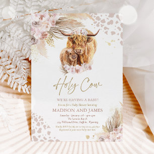 Boho Holy Cow Pink Pampas Grass Baby Shower Invitation