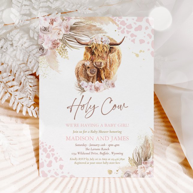 Boho Holy Cow Pink Pampas Grass Girl Baby Shower Invitation (Creator Uploaded)