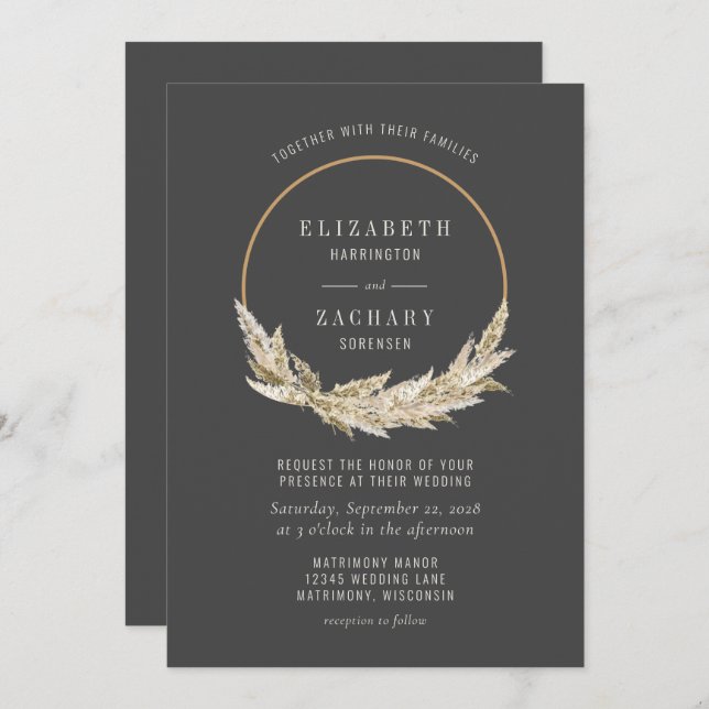 Boho Hoop Pampas Grass Dark Wedding Invitation (Front/Back)
