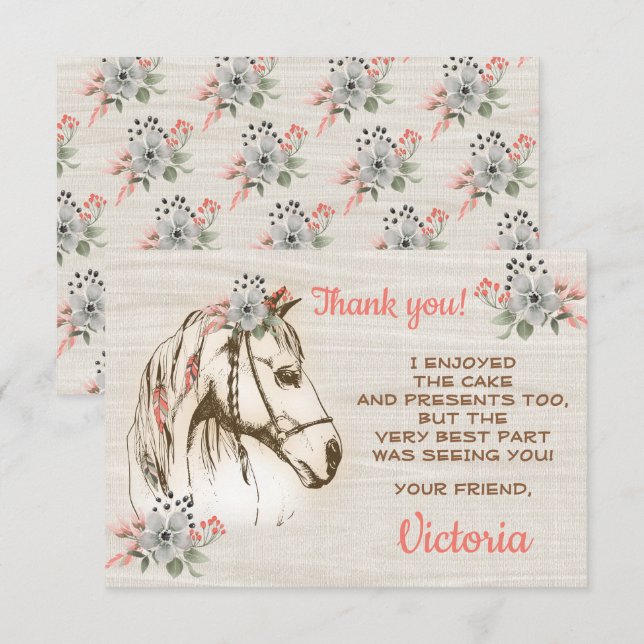 Boho Horse Birthday Party Thank you note Invitation (Front/Back)