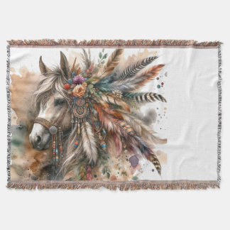 Boho Horse with feathers Throw Blanket