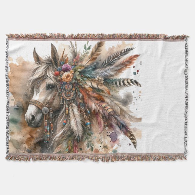 Boho Horse with feathers Throw Blanket (Front)