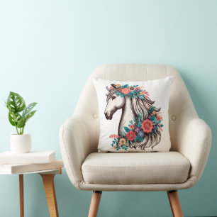 Boho Horse with Flowers, Floral Horse Lover Cushion