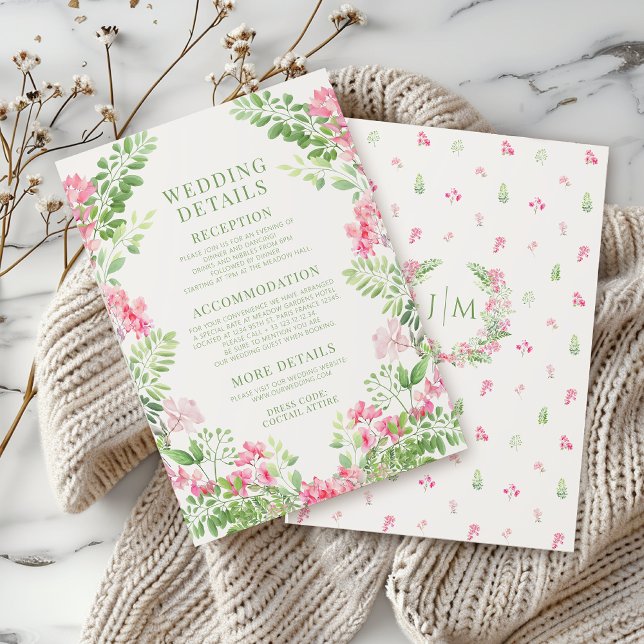 Boho Hot Pink Floral Wreath Garden Wedding Details Enclosure Card (Creator Uploaded)