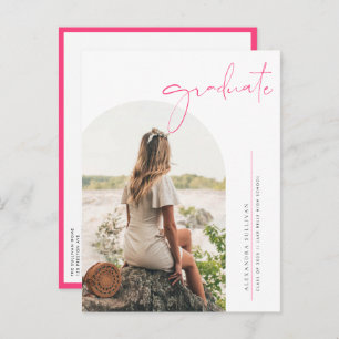 Boho Hot Pink Minimalist Arch Photo Graduation Announcement Postcard