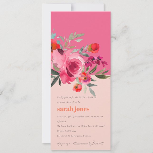 Boho Hot Pink Watercolor Floral Bridal Shower Invitation (Front)