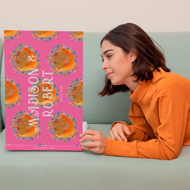 Boho Hot Pink Watercolor Wildflower Wedding Guest Book (Front)