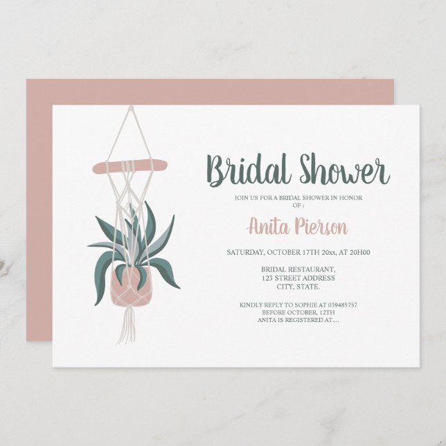 Boho house plants floral green pink bridal shower invitation (Front/Back)
