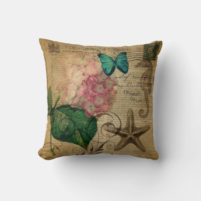 boho Hydrangea butterfly starfish French Botanical Cushion (Front)