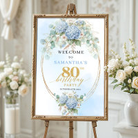 Boho Hydrangeas Gold Dusty Blue 80th birthday welc