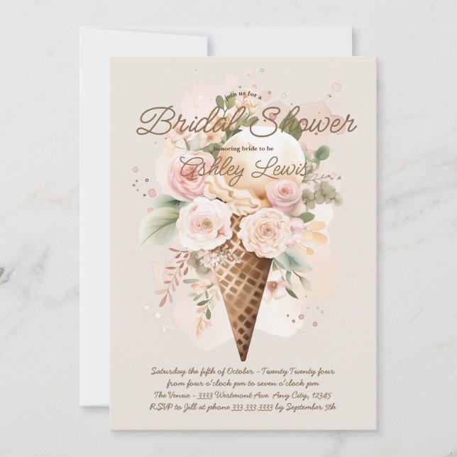 Boho Ice cream flower cone, watercolor cone Invitation (Front)