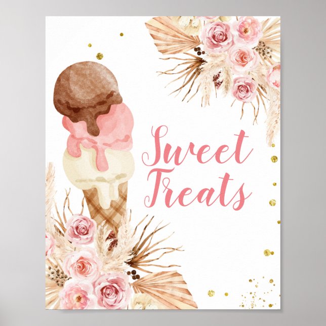 Boho Ice Cream watercolor Sweet Treats sign (Front)
