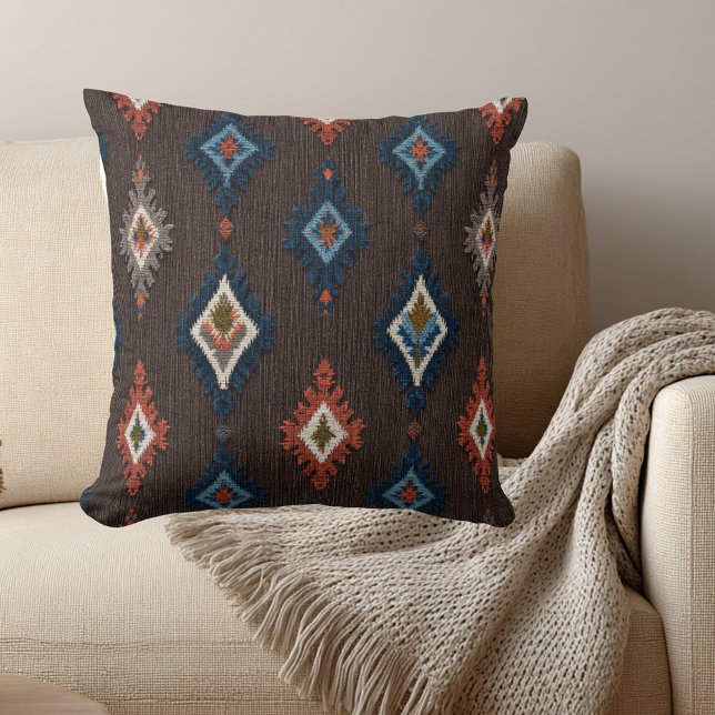 Boho Ikat Pattern Throw Pillow – Brown and Navy (Creator Uploaded)