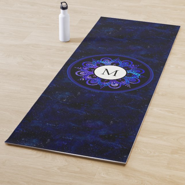 Boho Indigo Blue Universe Galaxy Mandala Monogram Yoga Mat (In Situ)