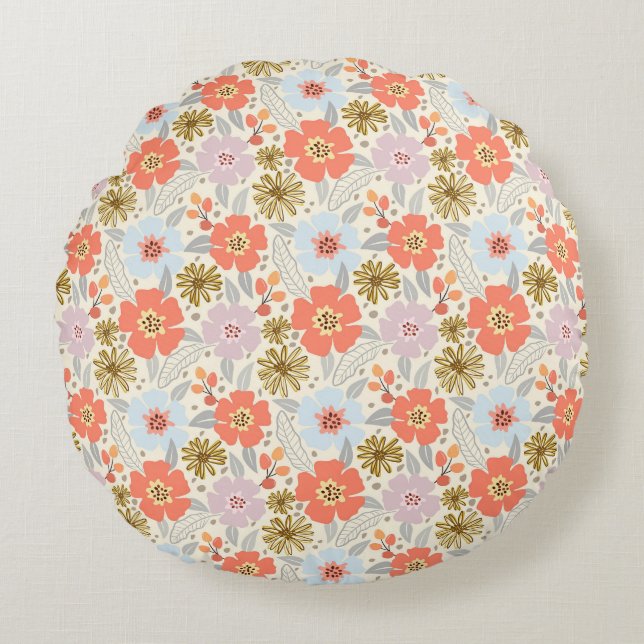 Boho Inspired Floral Pattern Round Pillow (Front)