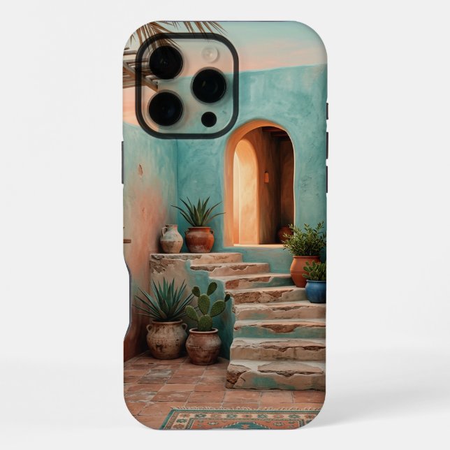 Boho iPhone 16 Pro Max Case | Moroccan Teal Stairc (Back)