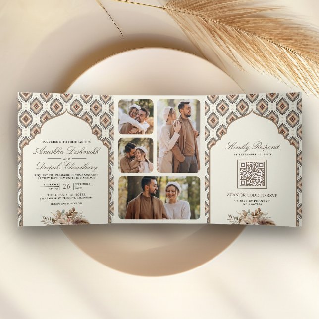 Boho Ivory Beige Ikat Photo Collage Indian Wedding Tri-Fold Invitation (Creator Uploaded)