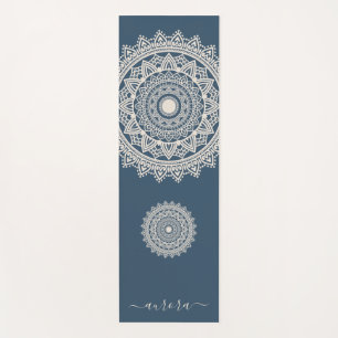 Boho Ivory Mandala on Blue Custom Name Yoga Mat