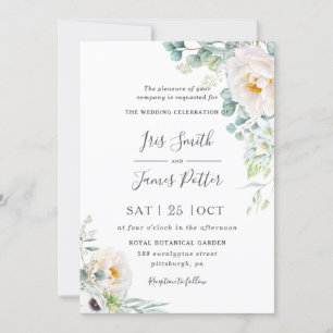 Boho Ivory Peony Roses Floral Greenery Wedding Invitation