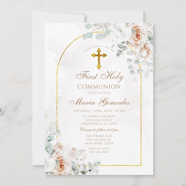 Boho Ivory White Floral Gold First Holy Communion Invitation (Front)