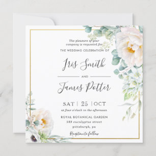 Boho Ivory White Peony Floral Eucalyptus Wedding Invitation