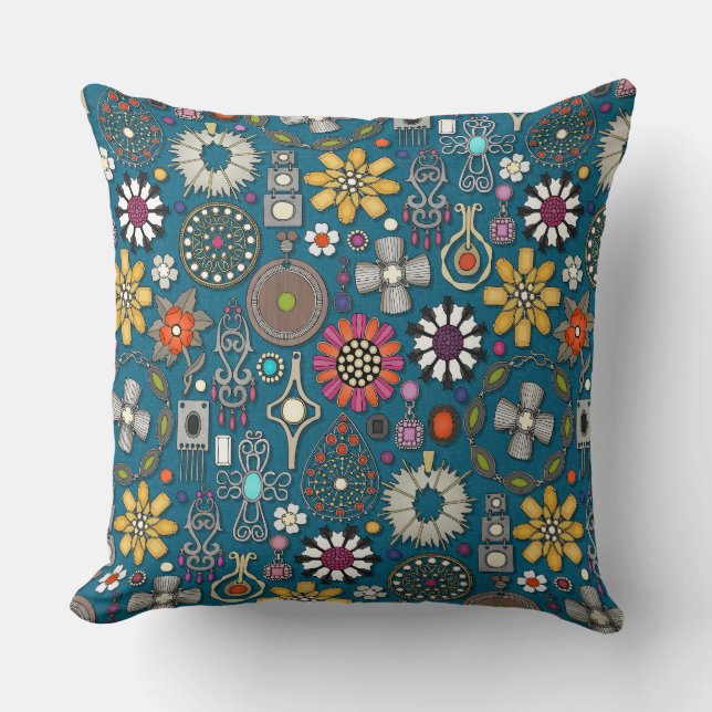 boho jewel treasures peacock blue cushion (Front)