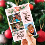Boho Joyful Merry and Bright Christmas Photo Holiday Card<br><div class="desc">Modern trendy blush pink 3 photo collage holiday card featuring a Christmas seasonal watercolor flowers bouquet with a red brick terracotta poinsettia flower, a pinecone, sage hunter green fir boughs, red berries and foliage with "Joyful" "Merry and Bright" trendy calligraphy hand-lettered script. Personalise it with three of your photos on...</div>