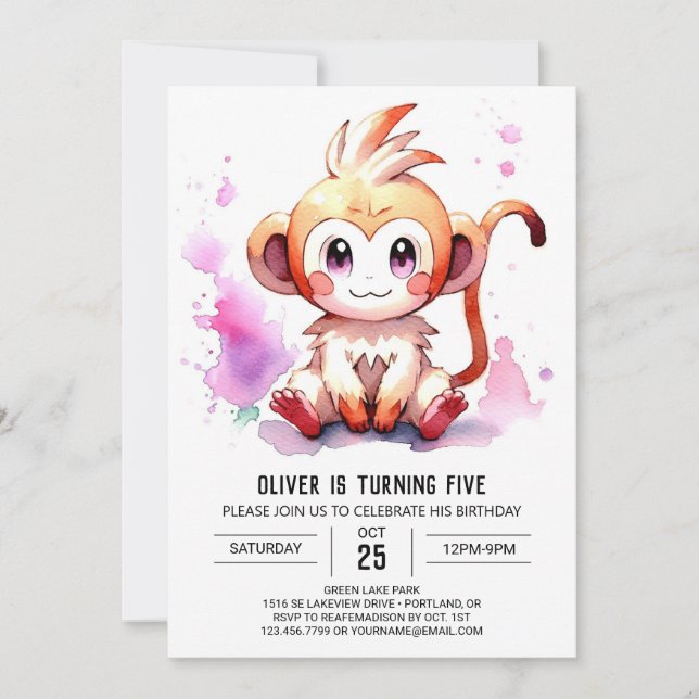 Boho Joyful Monkey Birthday Invitation (Front)