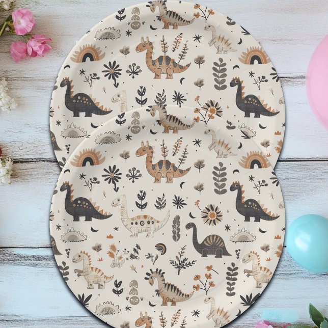 Boho Jungle Dinosaur Pattern Birthday Paper Plate (Creator Uploaded)