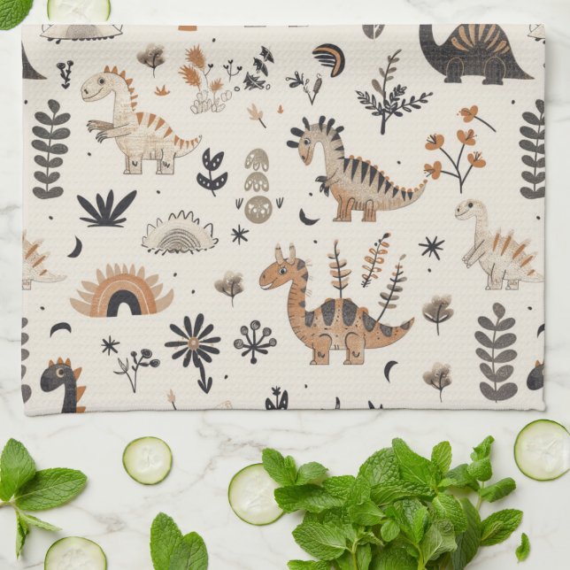 Boho Jungle Dinosaur Pattern Tea Towel (Folded)