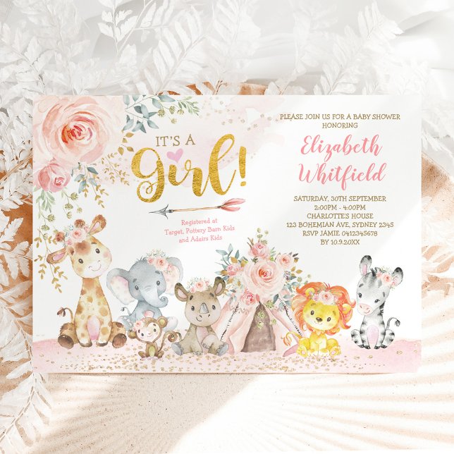 Boho Jungle Safari Blush Floral Girl Baby Shower Invitation (Creator Uploaded)