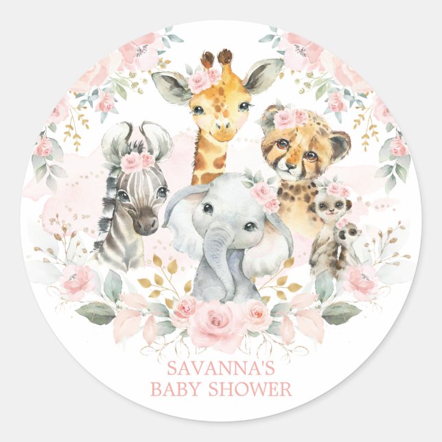 Boho Jungle Wild Animals Pink Floral Baby Girl Classic Round Sticker (Front)