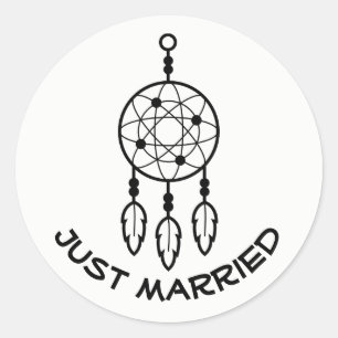 Boho Just Married Dream Catcher Wedding Black Classic Round Sticker