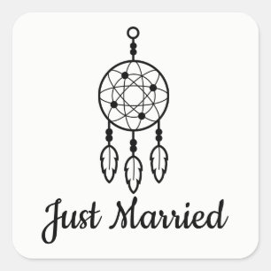 Boho Just Married Dream Catcher Wedding Black Square Sticker