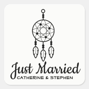 Boho Just Married Dream Catcher Wedding Black Square Sticker