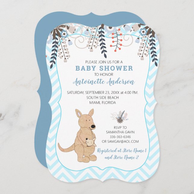 Boho Kangaroo Watercolor Floral Boy Baby Shower Invitation (Front/Back)