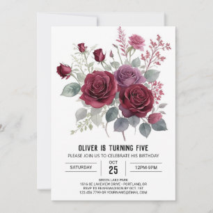 Boho Kids' Burgundy Floral Birthday Invitation