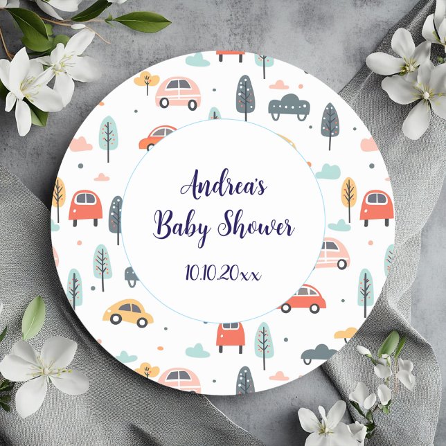 Boho Kids Cars, Trees & Clouds Pattern Baby Shower Classic Round Sticker (Creator Uploaded)