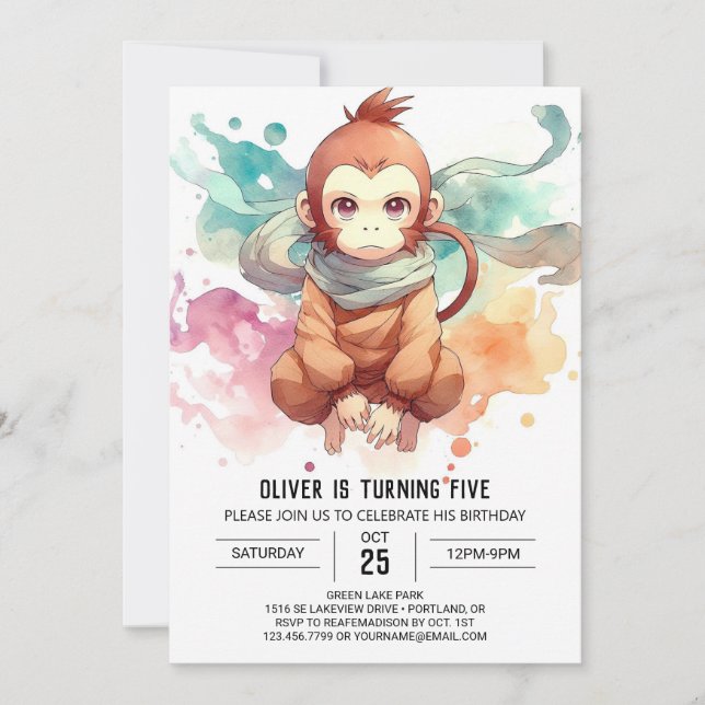  Boho Kids Monkey Birthday Invitation (Front)